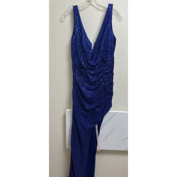 Ieena for Mac Duggal A11275 Blue Sequin Gown Size 10 NWT Asymmetrical Slit